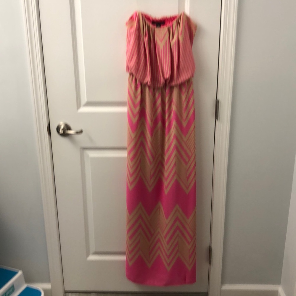 Hot pink w tan chevron and vertical stripe maxi